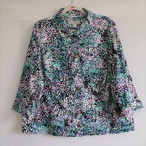 CJ Banks Womens Blue 3/4 Sleeve Abstract Print Button Down Basic Jacket Size 1X